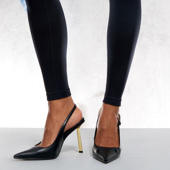 New PLT Black PU Point Tie Buckle Sling Back Heeled Sandals Womens SIZE 8 - Picture 1 of 11